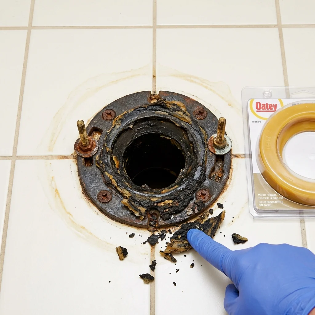 Failed wax ring showing water seepage at the base of a toilet in a Coal City, WV home