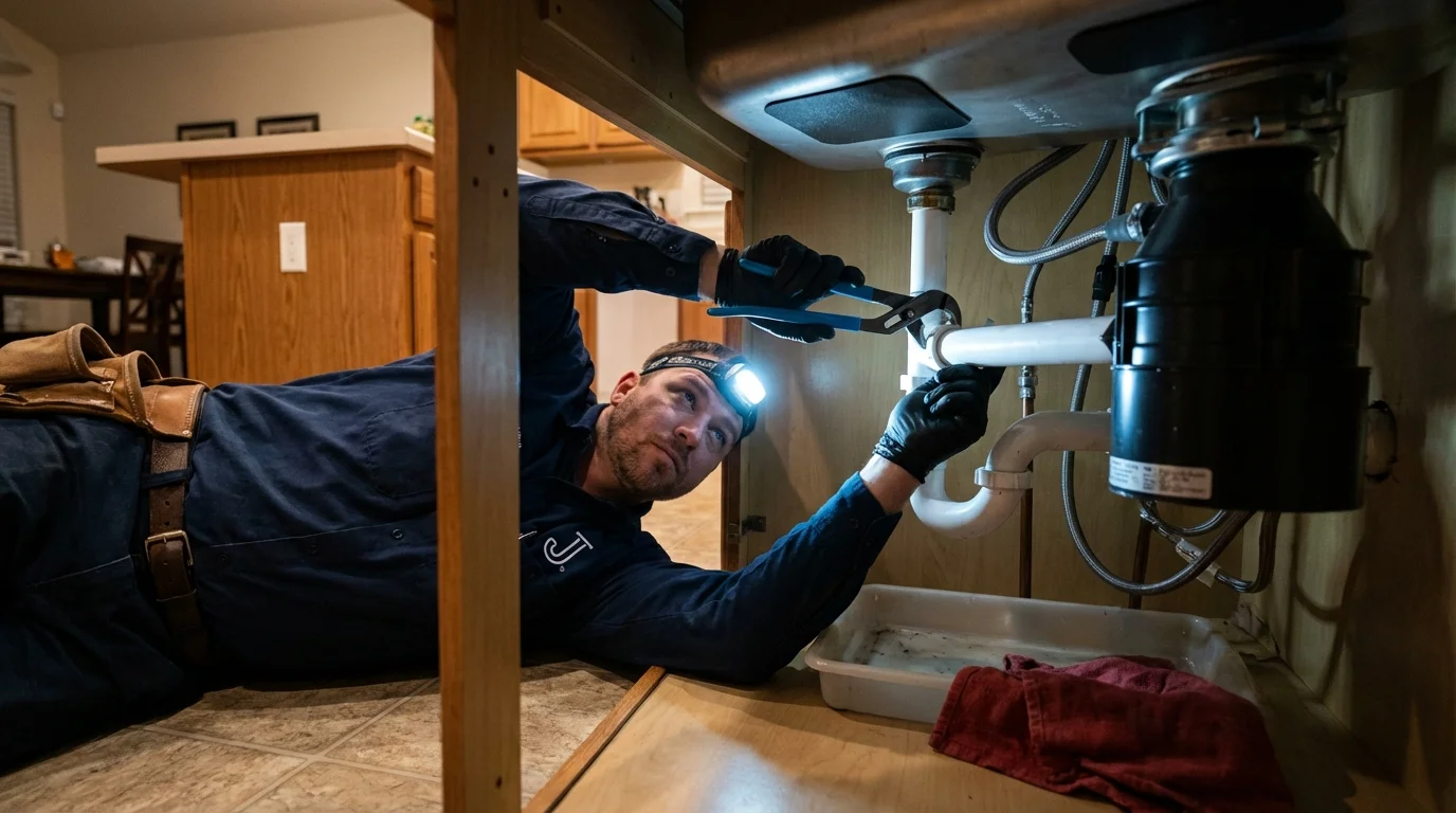 P-trap and supply line connections under a kitchen sink showing a common leak point in Coal City, WV